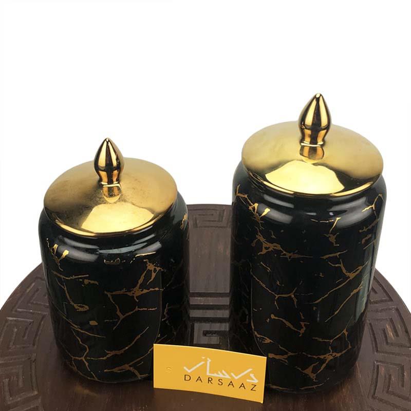 Pair Of Black And Gold Ceramic Vases Table Décor